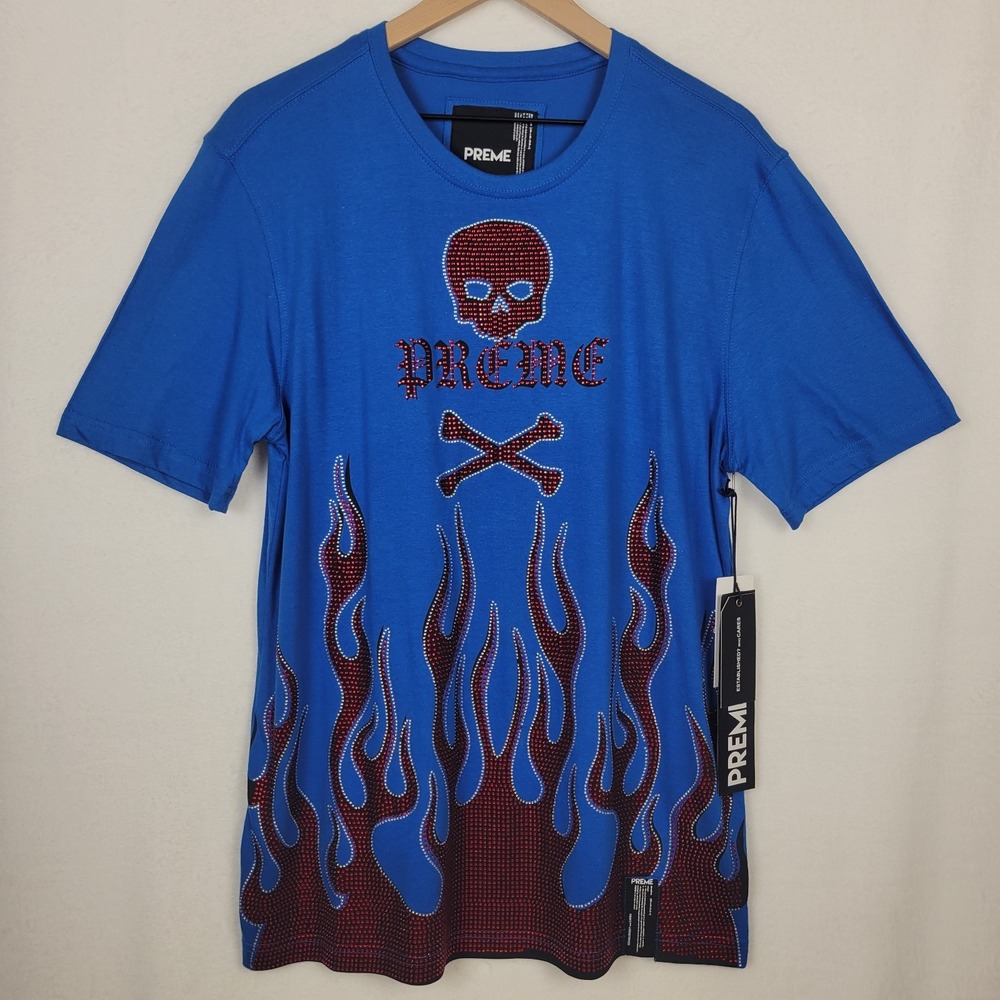 Preme Men Rhinestone Skull Flames Graphic T Shirt Royal Blue L NWT Streetwear